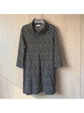 Tyler Boe Geometric Jacquard Swing Dress Pockets Size L Black Gray 3/4 Sleeve